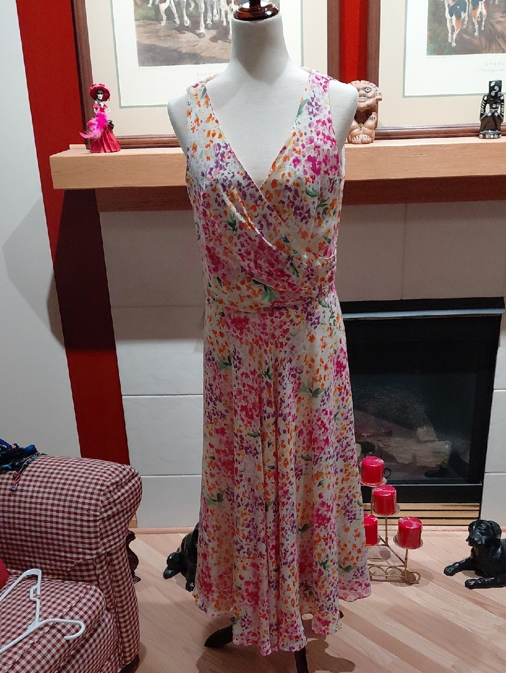 Kay Unger Faux Floral Wrap Midi Dress in Cream with Pink & Orange Accents US 12